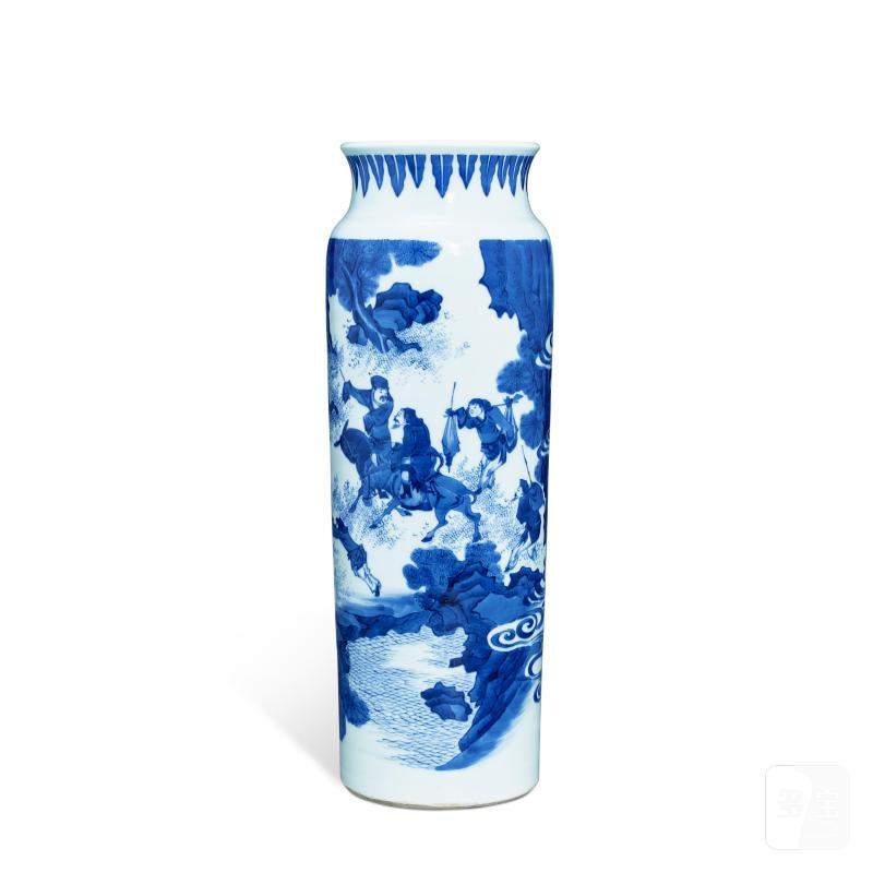 A blue and white 'figures' rouleau vase, Qing dynasty, Shunzhi period | 清順治 青花人物故事圖筒瓶 - 图1